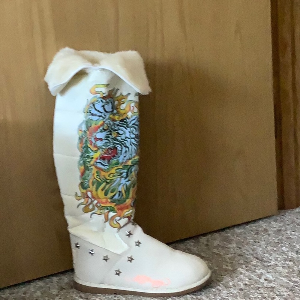 Ed Hardy White Tall Winter Boots with Multicolor Dragon Artwork